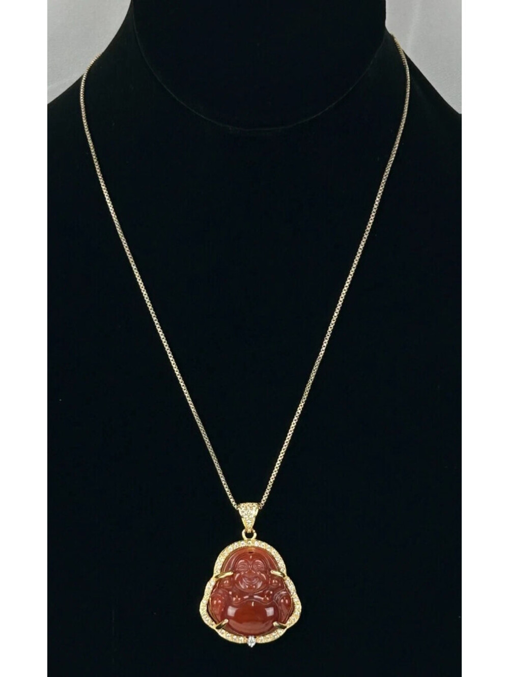 Red Jade Agate Iced 925 Mens Hip Hop Buddha Pendant & Chain Necklace Set
